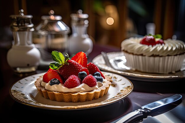 Frische Erdbeer-Tart-Schlagcreme und Beeren-Generative IA