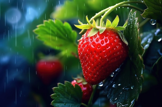 Frische Erdbeere am Baum bei Regen hautnah