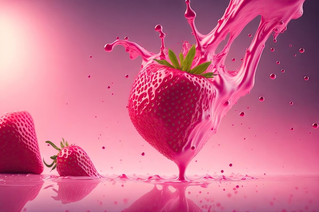 frische erdbeere, die in ein rosa flüssiges ai-generativ fällt