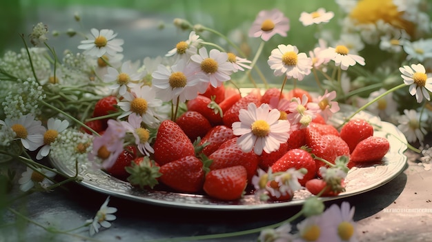 Foto frische erdbeeren auf einem teller auf einem holztisch generative ki