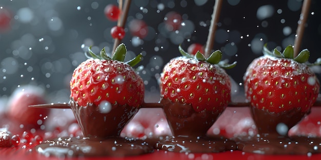 Frische Erdbeeren, die in dunkler Schokolade getaucht sind, funkelnder Zucker auf rotem Hintergrund, perfekt für Dessertbilder, elegant präsentiert von KI