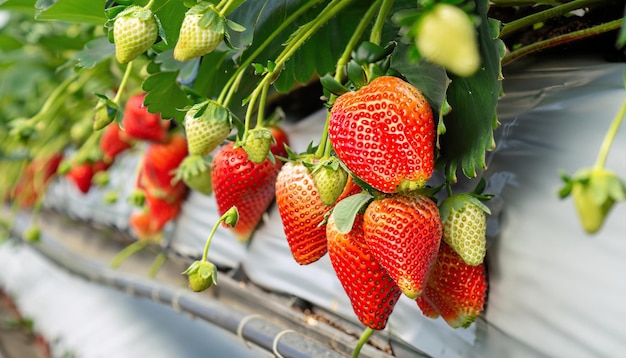 Frische Erdbeeren, die in Gewächshäusern angebaut werden