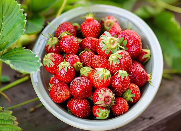 Frische Erdbeeren im Garten, Bio-Lebensmittel, gesunde Beeren in einer Schüssel, rote Früchte.