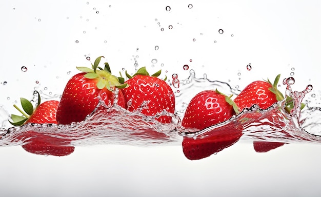 Frische Erdbeeren in Wasser, Milch oder Joghurt auf weißem Hintergrund