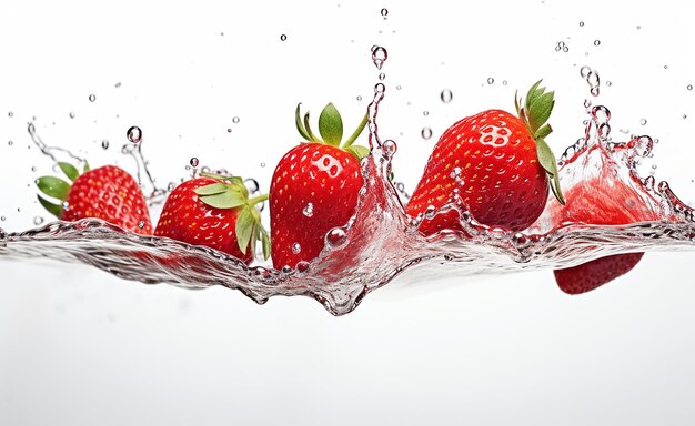 Foto frische erdbeeren in wasser, milch oder joghurt auf weißem hintergrund