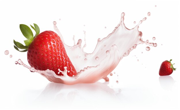 Foto frische erdbeeren in wasser, milch oder joghurt auf weißem hintergrund