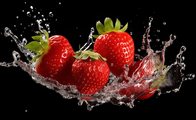Frische Erdbeeren in Wasser spritzen auf dem Hintergrund