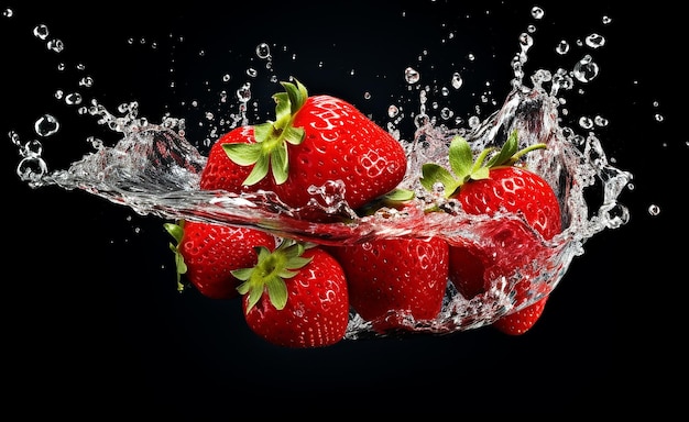 Foto frische erdbeeren in wasser spritzen auf dem hintergrund