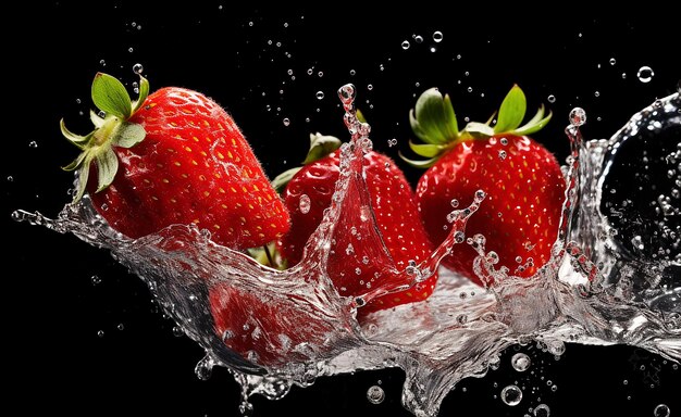 Foto frische erdbeeren in wasser spritzen auf dem hintergrund