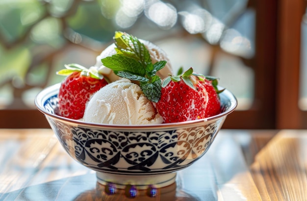 Frische Erdbeeren mit Vanille-Eis in einer dekorativen Schüssel