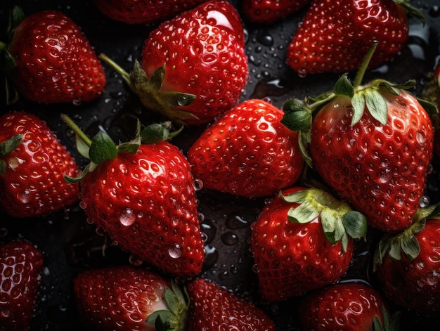 Frische Erdbeeren mit Wassertropfen Close Up Vollbild-Hintergrund oben