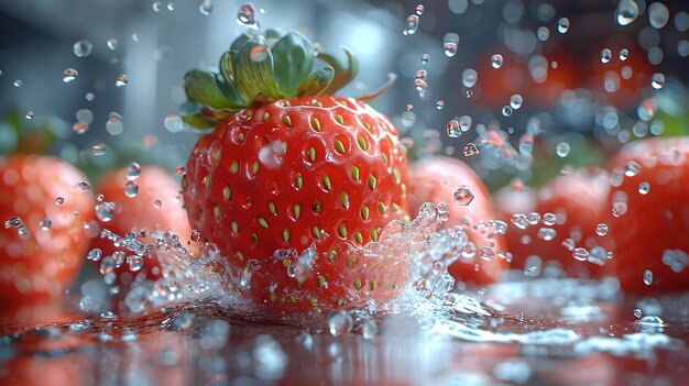 Frische Erdbeeren unter einem glitzernden Wasserspritzer in Nahaufnahme, lebendigen Farben und dynamischer Bewegung, perfekt eingefangen für kulinarische und gesunde Lifestyle-Themen mit künstlicher Intelligenz