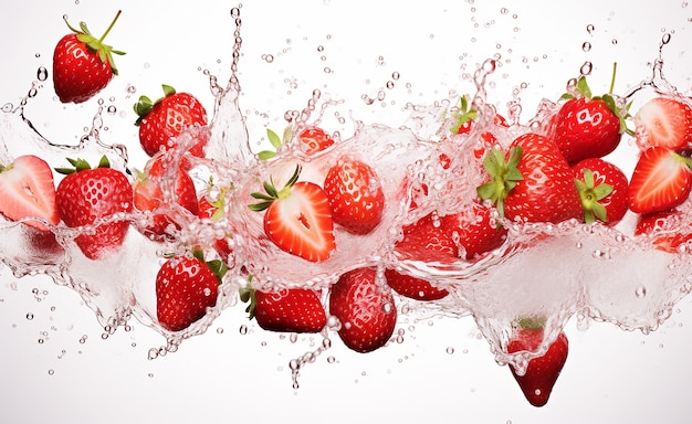 Foto frische erdbeerfrüchte fallen mit wasser, das auf weißem hintergrund spritzt