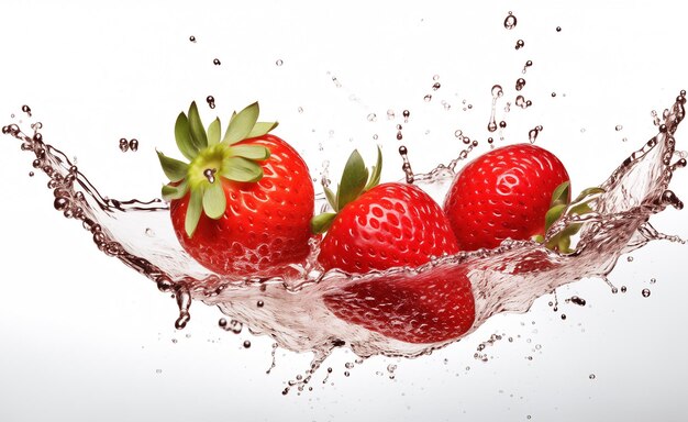 Foto frische erdbeerfrüchte fallen mit wasser, das auf weißem hintergrund spritzt