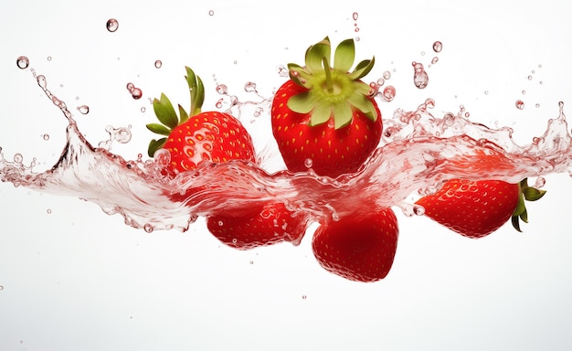 Frische Erdbeerfrüchte fallen mit Wasser, das auf weißem Hintergrund spritzt