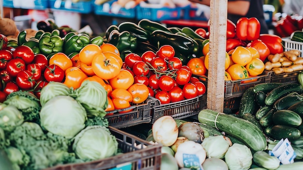 Frische Erzeugnisse auf einem Bauernmarkt Die lebendigen Farben der Früchte und Gemüse erzeugen ein Gefühl von Fülle und Vielfalt