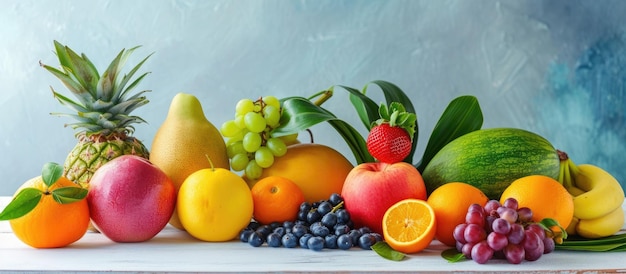 Frische exotische Früchte auf einem weißen Holztisch mit hellblauem Hintergrund