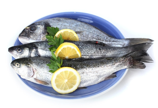 Frische Fische mit Zitrone und Petersilie auf Platte, isoliert auf weiss