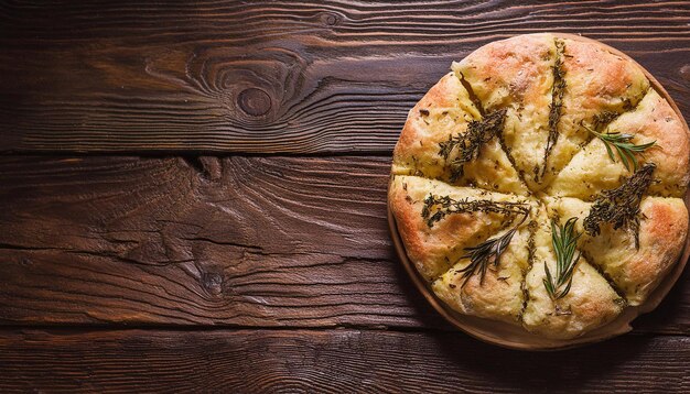 Foto frische focaccia mit kräutern auf einem holztisch klassisches italienisches brot geschmackvolles essen hausgemachte bäckerei