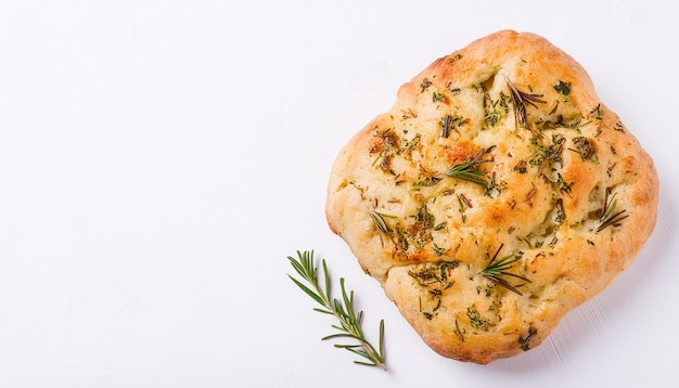 Frische Focaccia mit Kräutern auf weißem Tisch Klassisches italienisches Brot Geschmackvolles Essen Gebäck Top-View