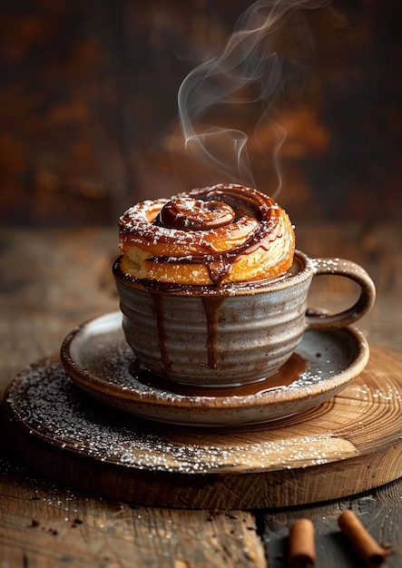 frische französische Gebäckstücke und Tee auf einem Holztisch