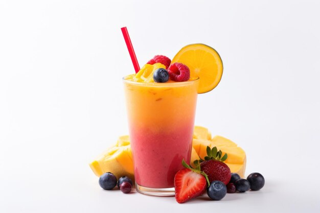 Frische Fruchtsmoothies, Früchte, Orangensaft, Stroh in einem Becher auf weißem Hintergrund