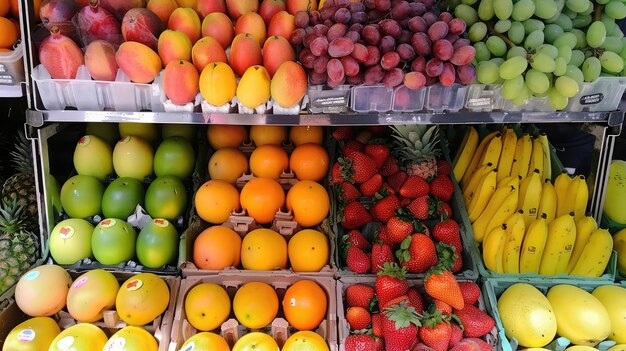 Foto frische früchte an einem marktstand mit lebendigen farben und sorten zum verkauf an kunden