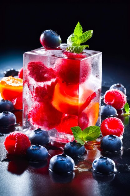 Frische Früchte in Eiswürfeln eingefroren, frische, gesunde Sommerernährung, generativ