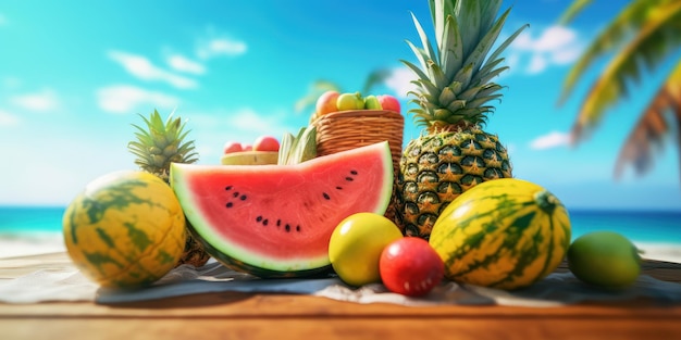 Frische Früchte Wassermelone und Ananas auf tropischem Strand und blauem Himmelshintergrund. Generative KI