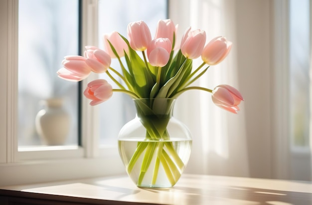 Frische Frühlingsblumen, leichte rosa Tulpen, Blumenstrauß in einer Glasvase auf dem Tisch, moderne leichte Innenarchitektur