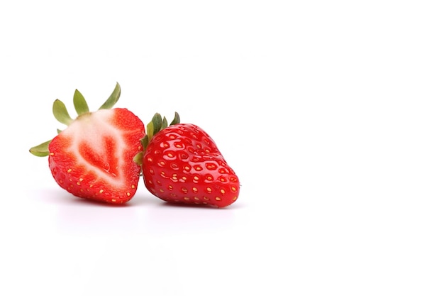 Frische ganze und geschnittene Erdbeeren isoliert auf weißem Hintergrund mit Kopierraum