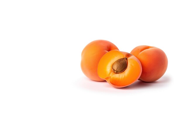 Frische ganze und geschnittene Pfirsiche Aprikosen isoliert auf weißem Hintergrund mit Kopierraum