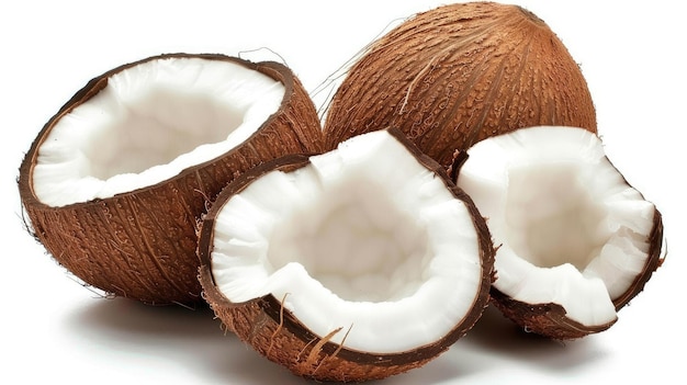 Frische ganze und halbierte Kokosnüsse auf weißem Hintergrund