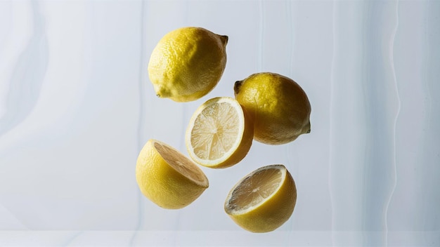 frische ganze Zitronen und geschnittenen Zitrone, die anmutig schwimmen