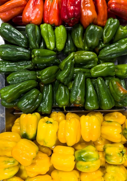 Frische gelbe, rote und grüne Paprika im Supermarkt Gemüse und Obst für die Wahl der Verbraucher ausgesetzt Brasilianische Hortifrutti Draufsicht