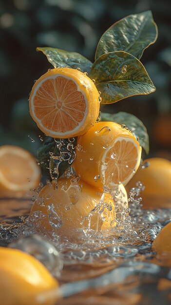 Frische gelbe Zitronen im Wasser spritzen in der Natur im Hintergrund