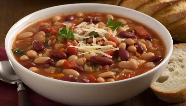 Frische, gesunde vegetarische Suppe mit Brotbohnen und Gemüse, generiert durch künstliche Intelligenz