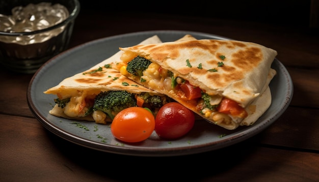 Frische Gourmetmahlzeit auf Holzplatt, bereit zum Essen, erzeugt durch künstliche Intelligenz