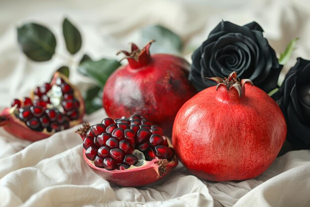 Frische Granatapfel und dunkle Rosen auf weichem Stoffhintergrund