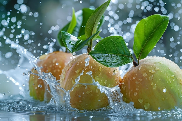 Frische grüne Äpfel mit Wassertropfen auf einem verschwommenen Hintergrund mit Sonnenlichtreflexen