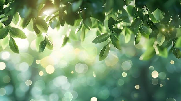 Frische grüne Blätter auf verschwommenem Grün mit Bokeh und Sonnenlicht