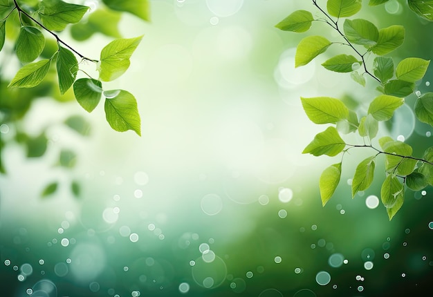 Frische grüne Blätter auf verschwommenem grünem Hintergrund mit Bokeh-Effekt