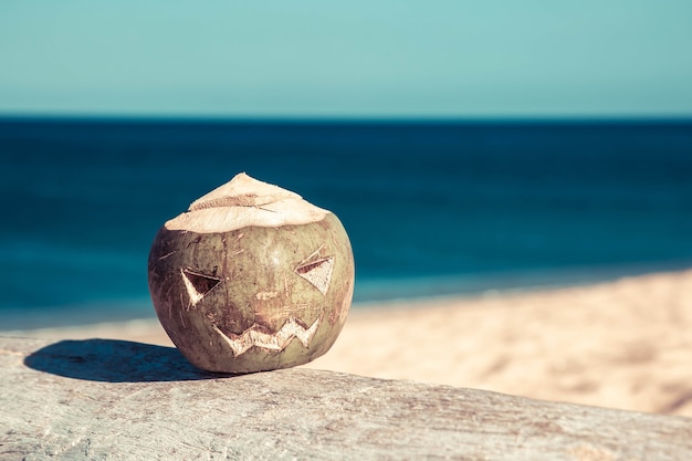 Frische grüne Kokosnuss ist ein Symbol für Halloween Liegt auf einem Baum mit einem geschnitzten Gesicht wie ein Kürbis