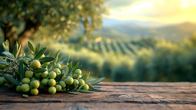 Frische grüne Oliven auf einem rustikalen Holztisch mit malerischer toskanischer Landschaft im Hintergrund, perfekt für AI-Landwirtschaftsthemen