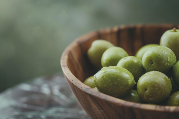 Frische grüne Oliven glänzen in einer Holzschüssel auf einem verschwommenen Hintergrund