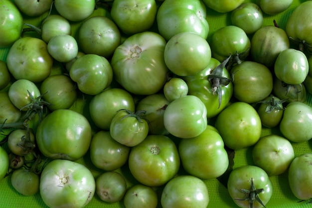 Frische grüne Tomaten der Draufsicht in einem Kasten