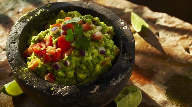 Frische Guacamole in einer Steinschüssel mit Tortillachips