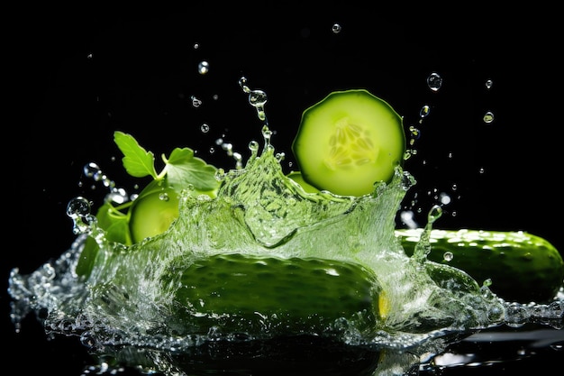 Frische Gurke schwimmt mit Wasserspritzern auf Studiohintergrund