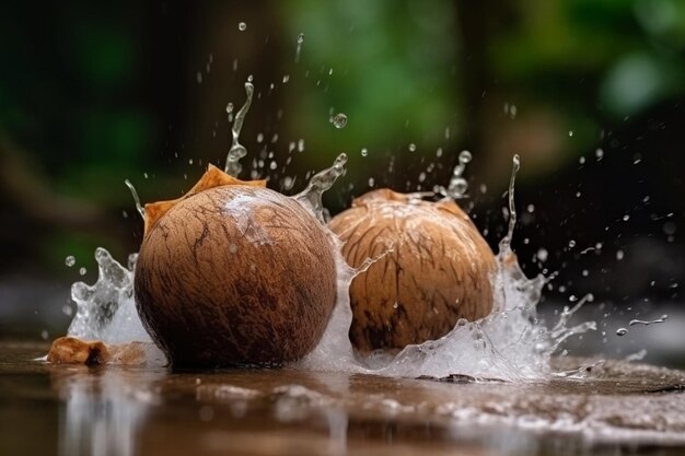 Foto frische halbe kokosnüsse mit wasser spritzen mit selektivem fokus und verschwommenem hintergrund auf einen stein