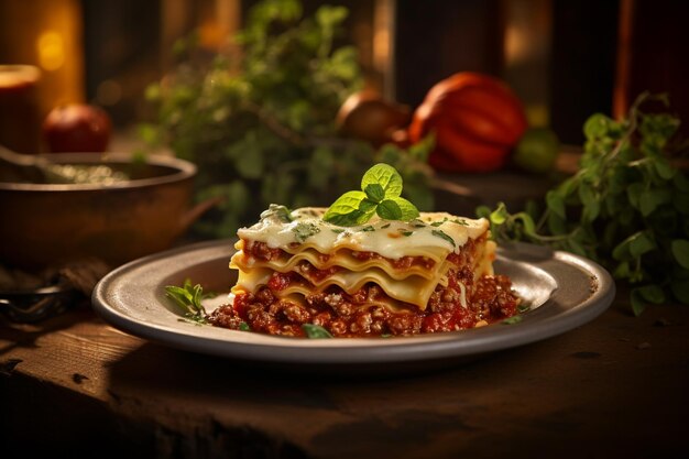 Frische hausgemachte Lasagne und Blätter auf dem Teller